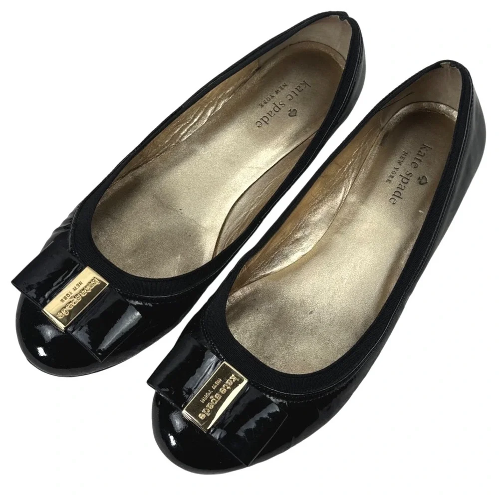 Kate Spade Ballet Flats Womens 8.5M Black‎ Patent Leather Bow Gold Logo Designer